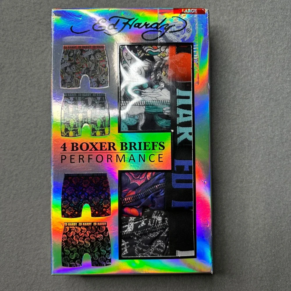 Ed Hardy Boxer Briefs Mens Large Multicolor 4 Pack Performance Stretch Skulls
